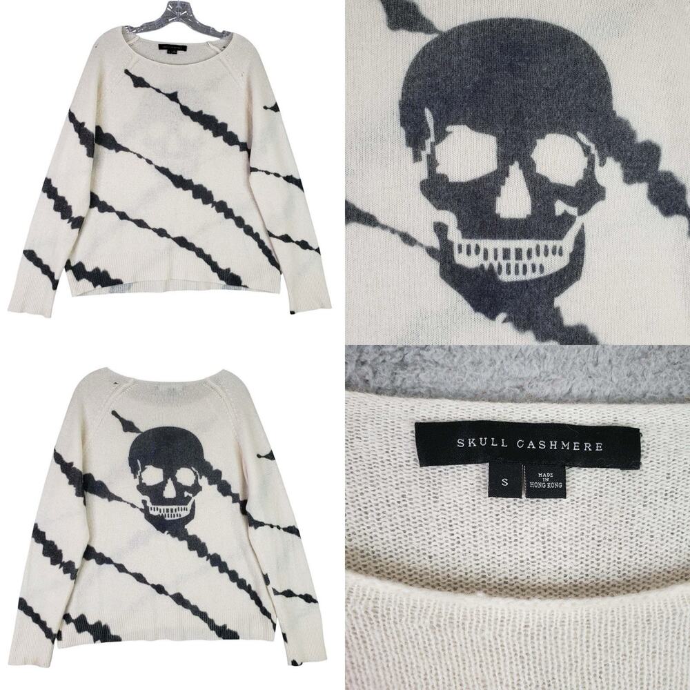 Skull Cashmere Sweater Women’s Size Small S Knit Graphic Long Sleeve Cream Flaw